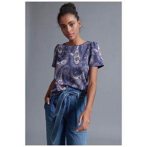 by Anthropologie Women's Small Blue Paisley Metallic Demeter Paisley Tee B1